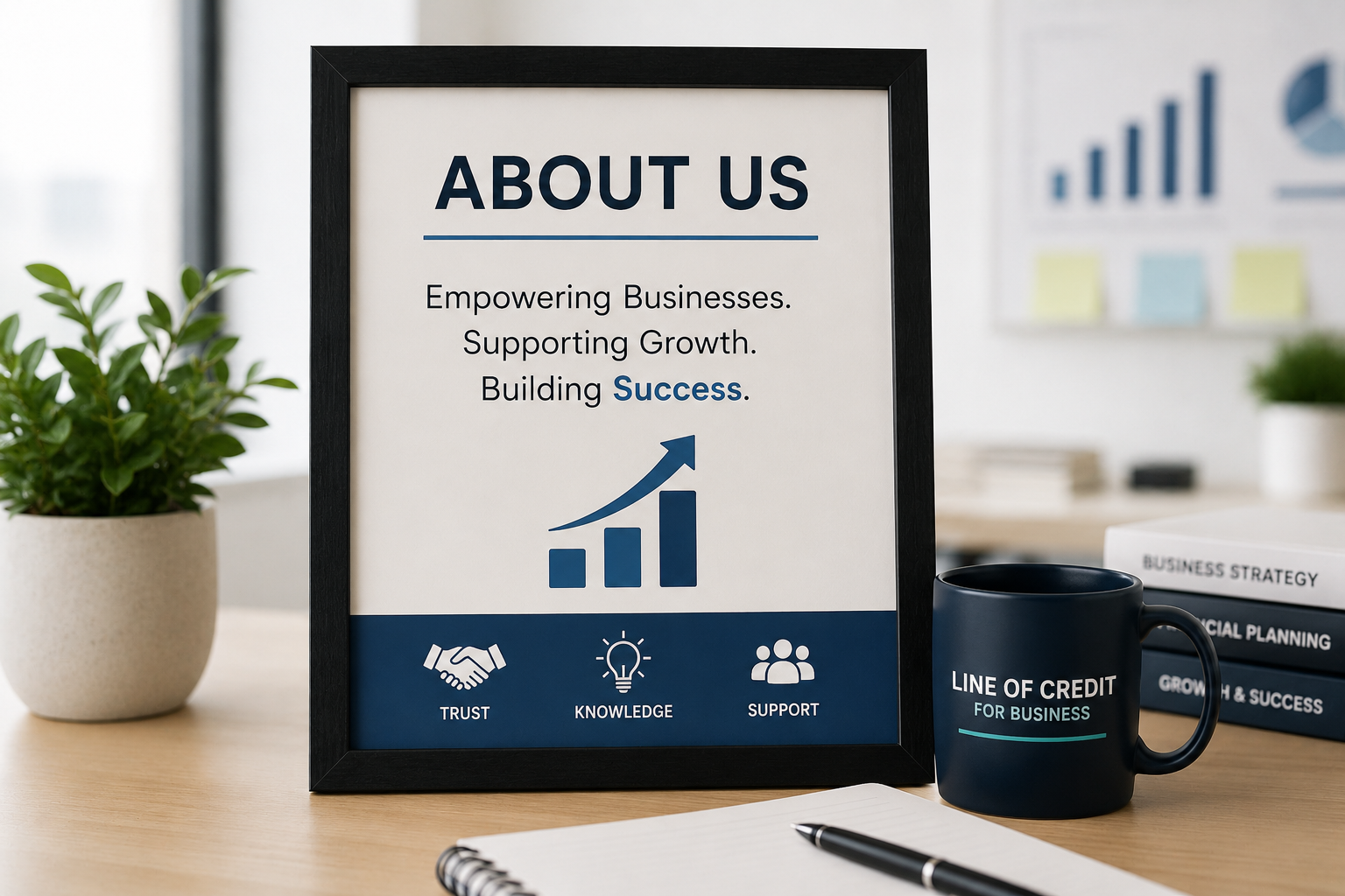 Professional About Us office display for LineOfCreditForBusiness.com featuring business growth messaging, financial strategy elements, and branding related to line of credit for business, business credit, small business loans, SBA loans, and startup funding.