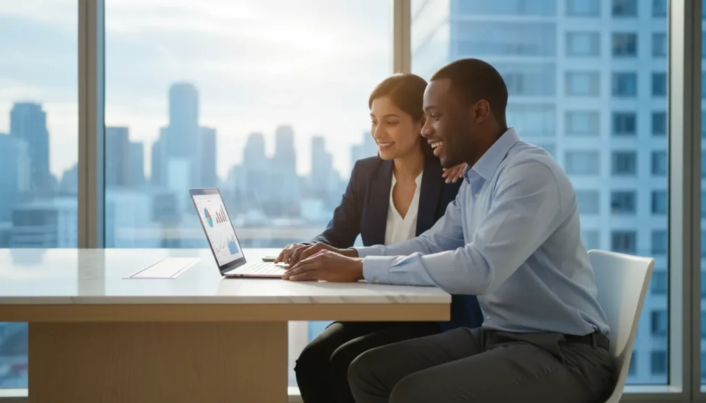 Business professionals reviewing financial data and Business Credit strategies for Bank Line of Credit, Equipment Financing, Business Line of Credit, and Business Term Loan solutions at Line of Credit for Business